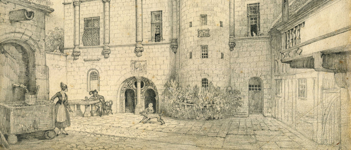 Georg Osterwald: Tucher'sches Haus zu N&uuml;rnberg &ndash; Hoffront mit historisierender Staffage. Bleistiftzeichnung, um 1850. Bildnachweis: Museen der Stadt N&uuml;rnberg, Kunstsammlungen